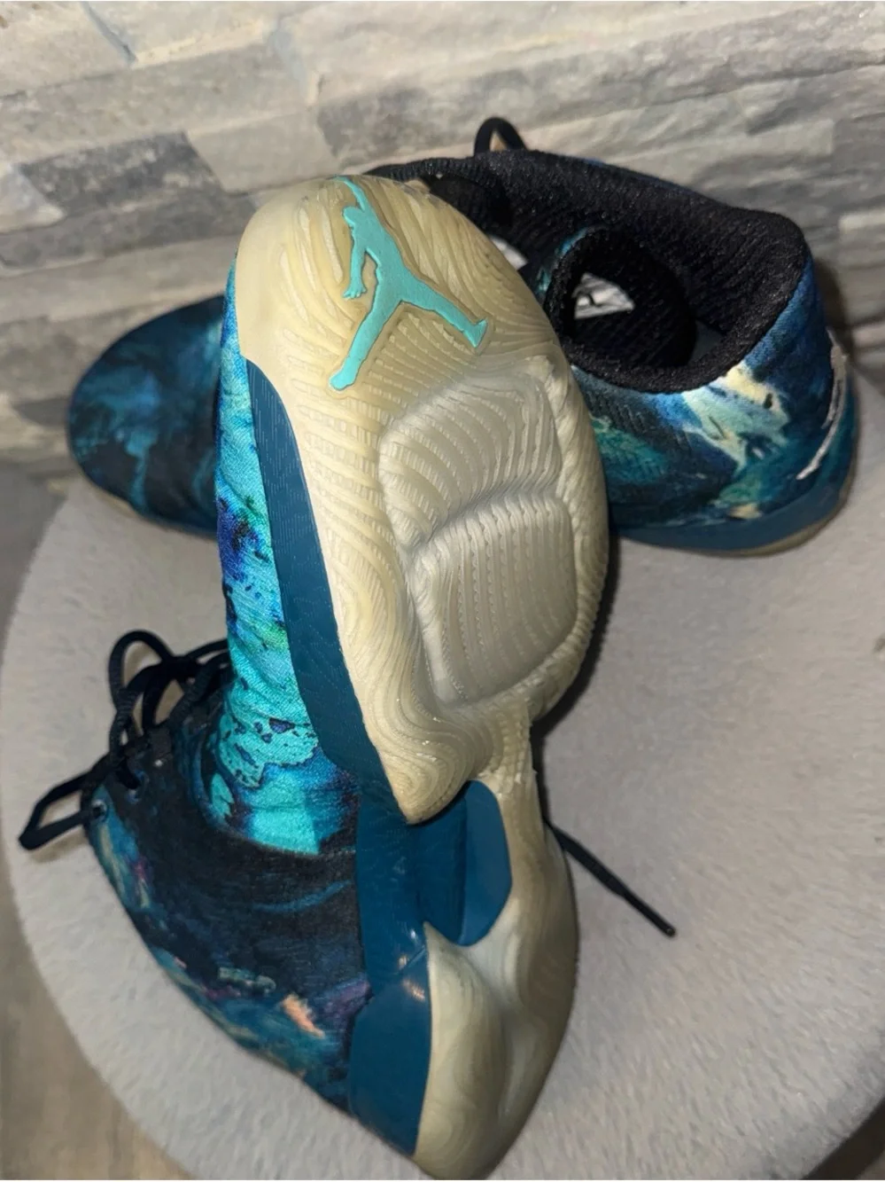 Jordan Men’s High-Top Athletic Shoes in Teal and Black Abstract Print